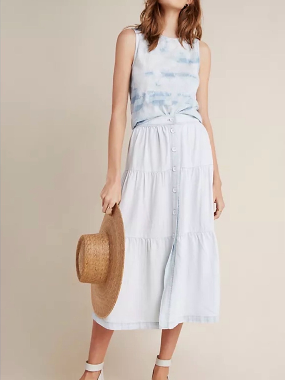 Anthropologie Cloth & Stone Light Blue Button-Front Tiered Women’s Skirt